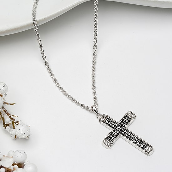 Mens Black Cubic Zirconia Sterling Silver Cross 24 Inch Pendant Necklace