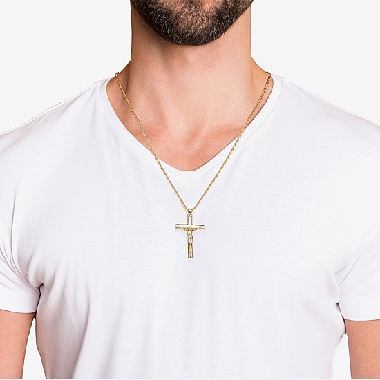 Crucifix Mens 24K Gold Over Silver Cross 24 Inch Pendant Necklace