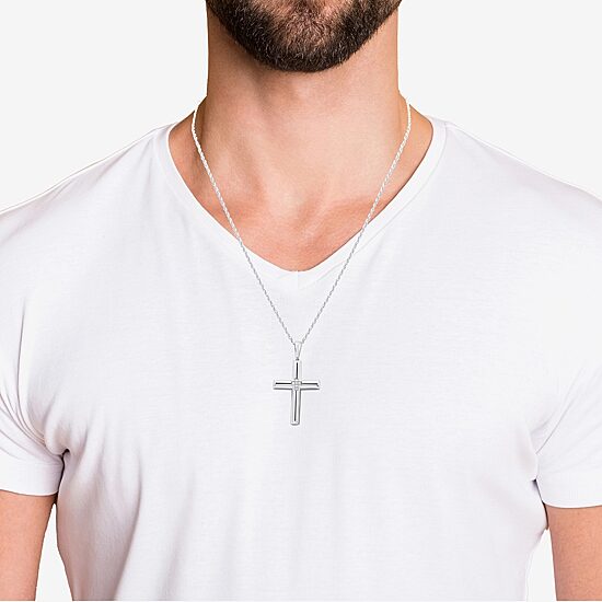 Mens White Cubic Zirconia Sterling Silver Cross 24 Inch Pendant Necklace