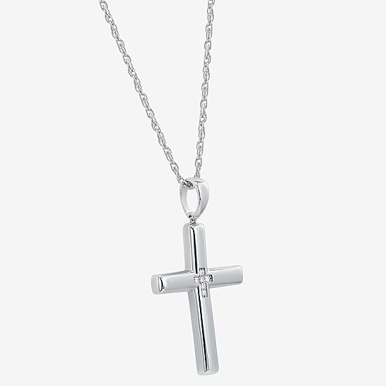 Mens White Cubic Zirconia Sterling Silver Cross 24 Inch Pendant Necklace