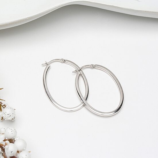 Womens Sterling Silver 38mm Oval Hoop Earrings