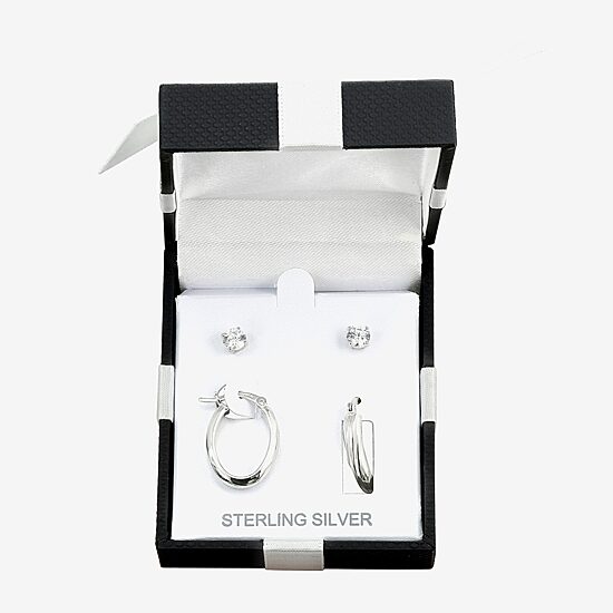 Womens Cubic Zirconia Sterling Silver Oval 2 Pair Earring Set