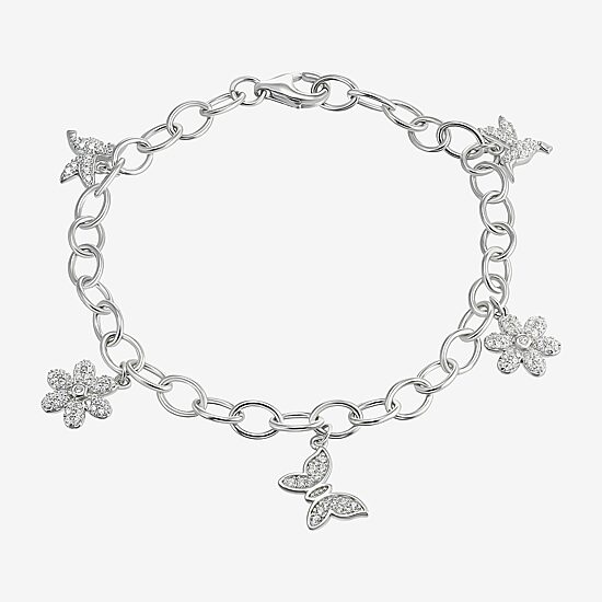 Diamonart Womens Cubic Zirconia Sterling Silver Butterfly Flower Charm Bracelet