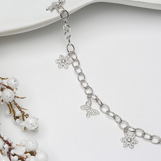 Diamonart Womens Cubic Zirconia Sterling Silver Butterfly Flower Charm Bracelet