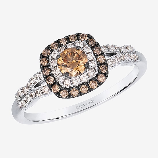Levian Corp Womens 1/2 CT. T.W. Natural Champagne Diamond 14K Gold Oval Halo Side Stone Cocktail Ring
