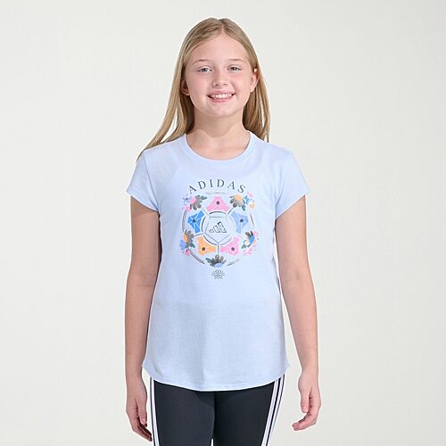 adidas Big Kid Girls Crew Neck Short Sleeve Slim Fit Graphic T-Shirt, Medium (10-12), Blue