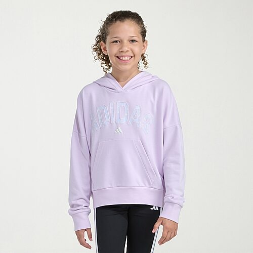 adidas Big Kid Girls Hooded Long Sleeve Loose Fit Graphic T-Shirt, Small (7-8), Purple