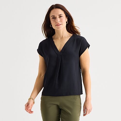 Liz Claiborne Womens Tall V Neck Short Sleeve Satin Blouse, Small Tall, Black