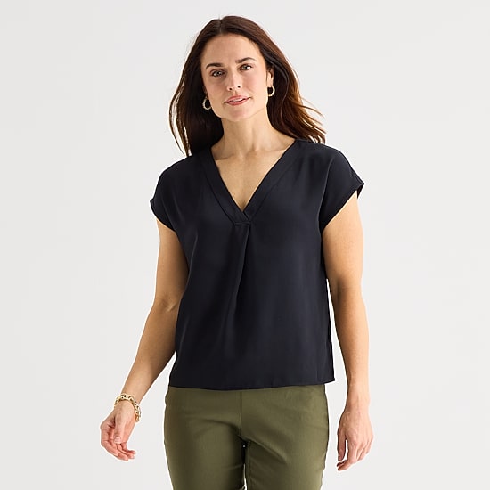 Liz Claiborne Womens Tall V Neck Short Sleeve Satin Blouse