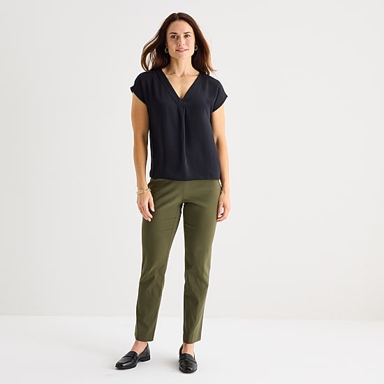 Liz Claiborne Womens Tall V Neck Short Sleeve Satin Blouse