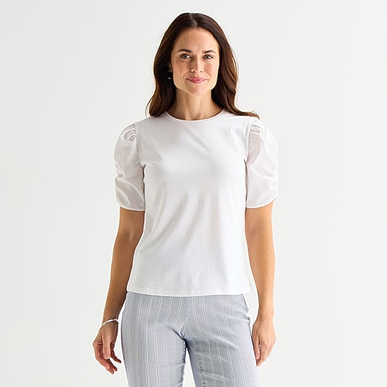 Liz Claiborne Womens Tall Crew Neck Elbow Sleeve Blouse