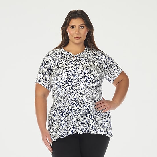 White Mark Printed Womens Plus Split Tie Neck Short Sleeve Peplum Top