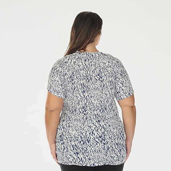 White Mark Printed Womens Plus Split Tie Neck Short Sleeve Peplum Top