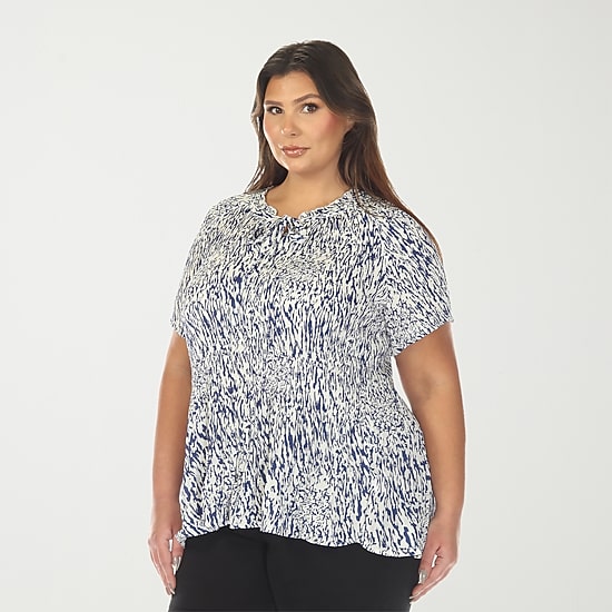 White Mark Printed Womens Plus Split Tie Neck Short Sleeve Peplum Top