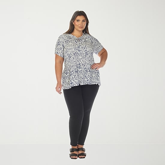 White Mark Printed Womens Plus Split Tie Neck Short Sleeve Peplum Top