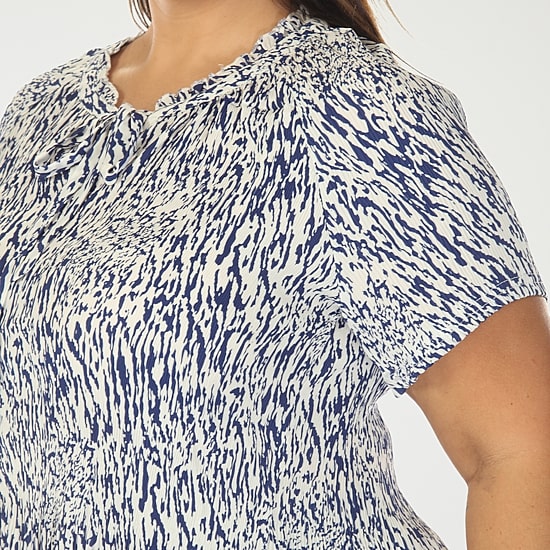 White Mark Printed Womens Plus Split Tie Neck Short Sleeve Peplum Top