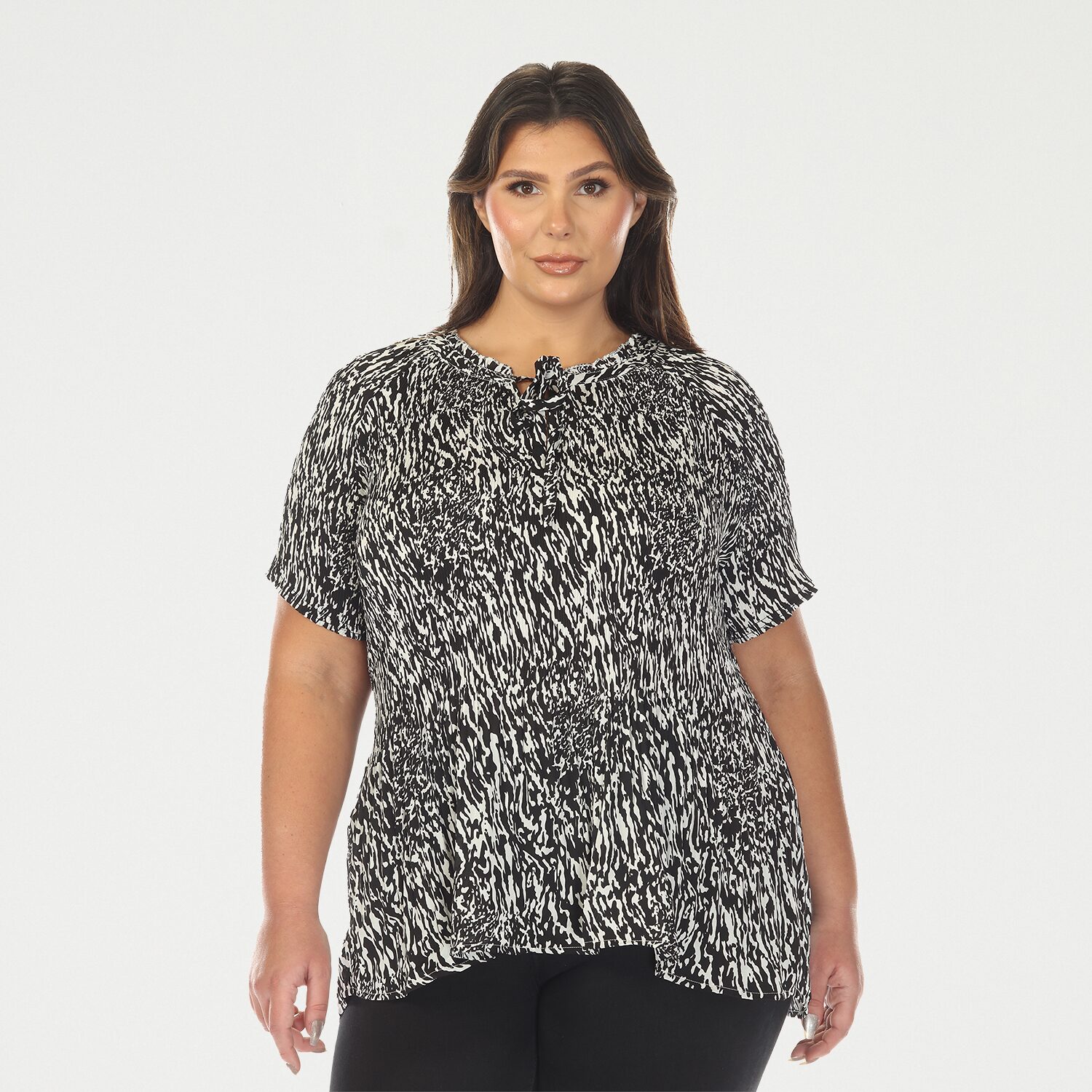 White Mark Printed Womens Plus Split Tie Neck Short Sleeve Peplum Top