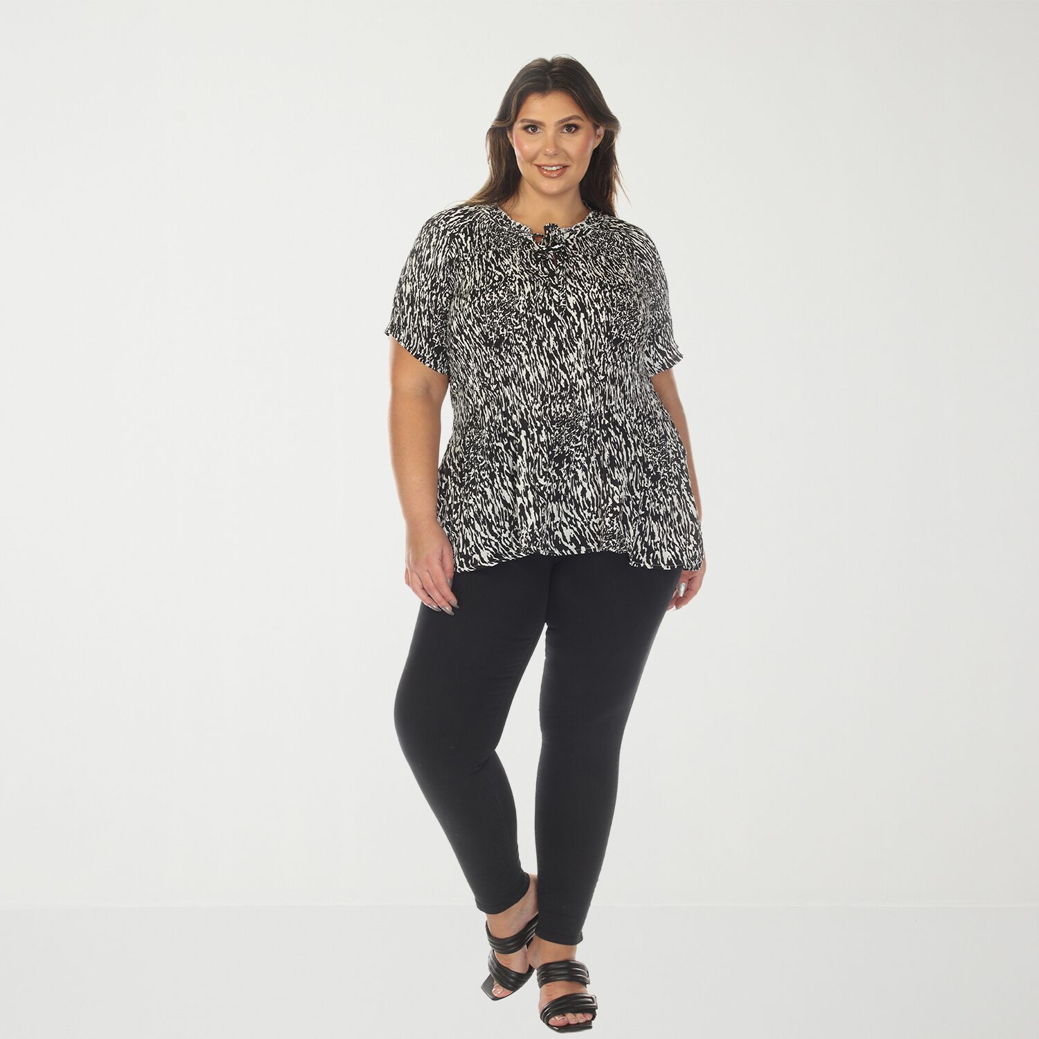 White Mark Printed Womens Plus Split Tie Neck Short Sleeve Peplum Top