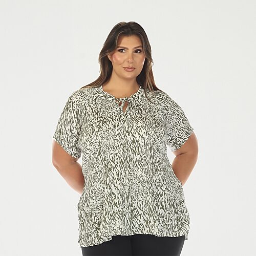 White Mark Printed Womens Plus Split Tie Neck Short Sleeve Peplum Top In Green