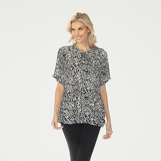 White Mark Printed Womens Split Tie Neck Short Sleeve Peplum Top
