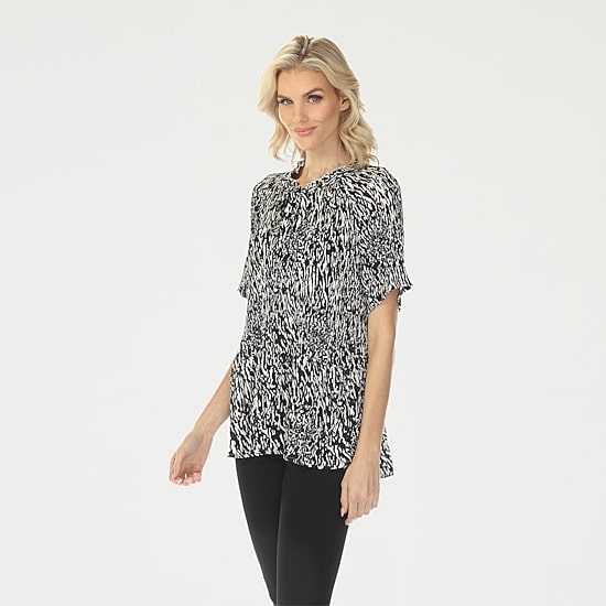 White Mark Printed Womens Split Tie Neck Short Sleeve Peplum Top