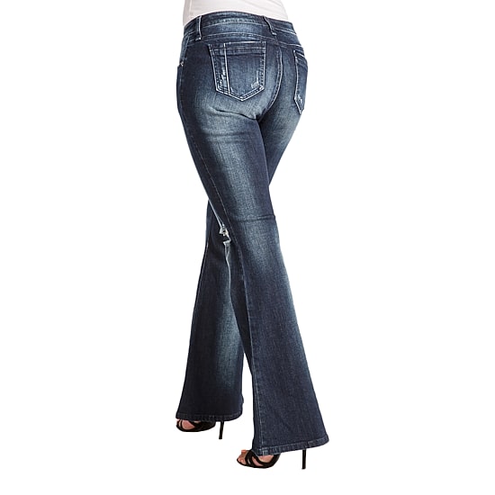 Poetic Justice Womens Mid Rise Ripped Stretch Fabric Curvy Fit Flare Leg Jean