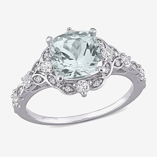 Modern Bride Gemstone Womens Diamond Accent Genuine Blue Aquamarine 14K Gold Cushion Engagement Ring