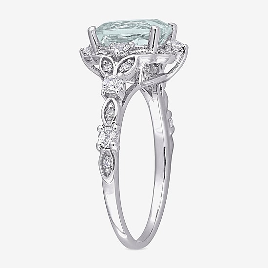 Modern Bride Gemstone Womens Diamond Accent Genuine Blue Aquamarine 14K Gold Cushion Engagement Ring