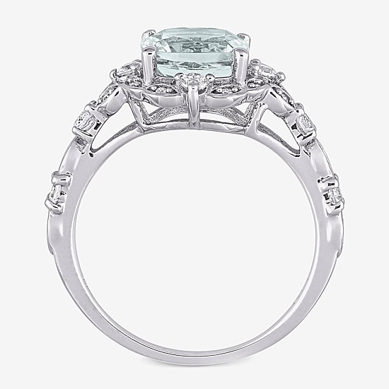 Modern Bride Gemstone Womens Diamond Accent Genuine Blue Aquamarine 14K Gold Cushion Engagement Ring