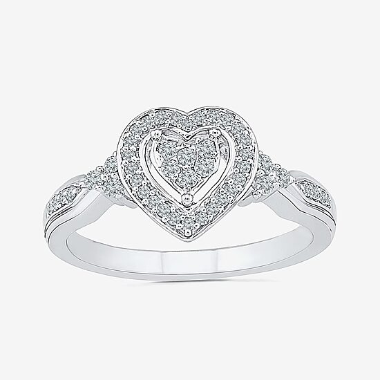 Womens 1/5 CT. Natural White Diamond Sterling Silver Heart Side Stone Halo Engagement Ring