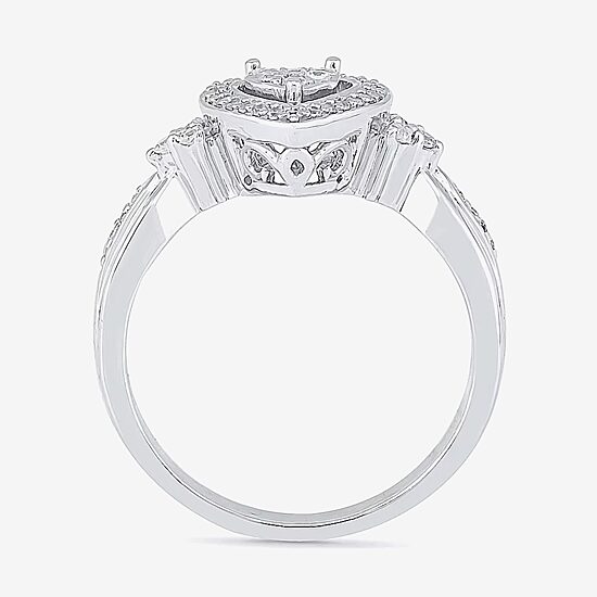 Womens 1/5 CT. Natural White Diamond Sterling Silver Heart Side Stone Halo Engagement Ring
