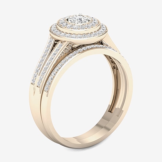 Womens 1/3 CT. T.W. Natural White Diamond 10K Gold Round Side Stone Halo Bridal Set