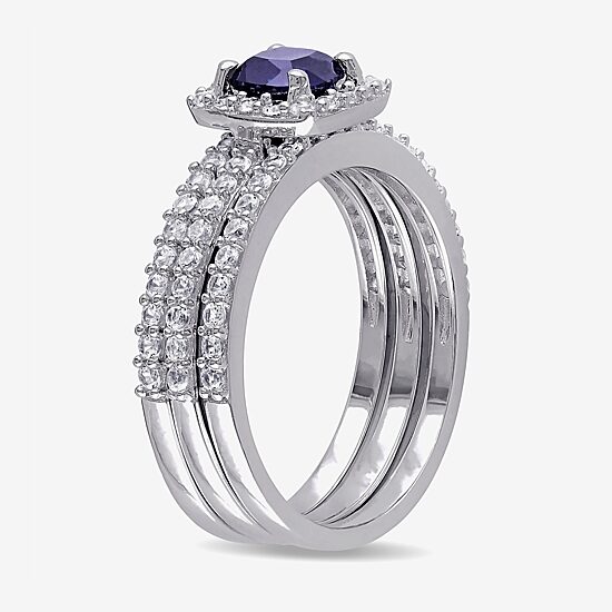 Modern Bride Gemstone Womens Lab Created Blue Sapphire Sterling Silver Cushion Halo Bridal Set