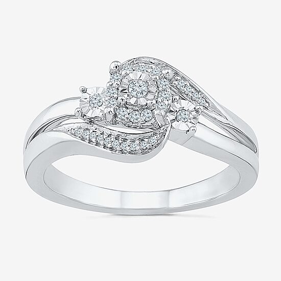 Womens 1/8 CT. T.W. Natural White Diamond Sterling Silver Round Side Stone Halo Promise Ring
