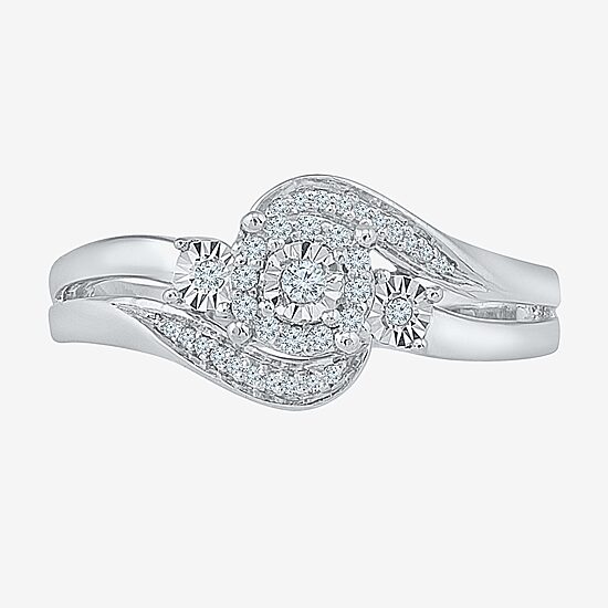 Womens 1/8 CT. T.W. Natural White Diamond Sterling Silver Round Side Stone Halo Promise Ring