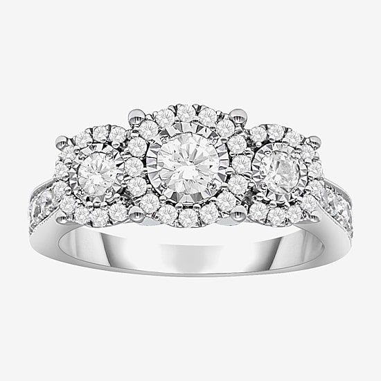 (I / SI2) Love Lives Forever Womens 1 CT. T.W. Lab Grown White Diamond 10K or 14K White Gold Round 3-Stone Engagement Ring