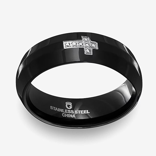 Sideways Mens 6MM Diamond Accent Natural White Diamond Stainless Steel Cross Wedding Band