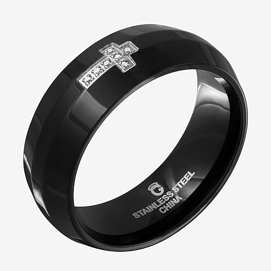 Sideways Mens 6MM Diamond Accent Natural White Diamond Stainless Steel Cross Wedding Band