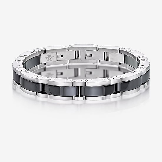 Mens Stainless Steel and Black Ceramic Link Bracelet