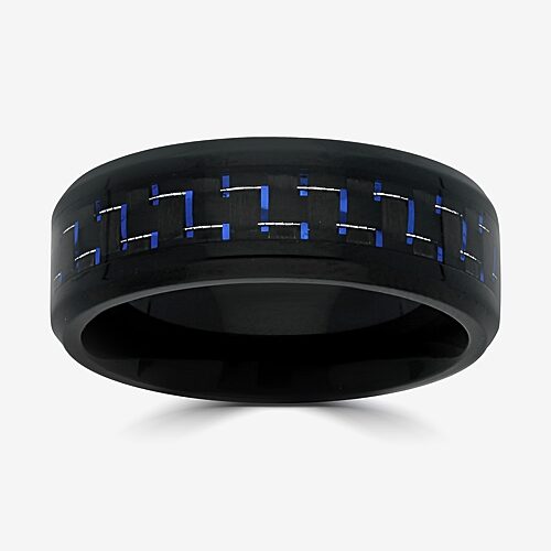 Modern Bride Mens 8mm Black Stainless Steel With Blue Carbon Fiber Wedding Band In Multi