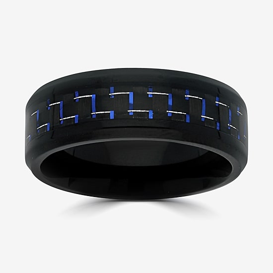 Mens 8MM Black Stainless Steel with Blue Carbon Fiber Wedding Band