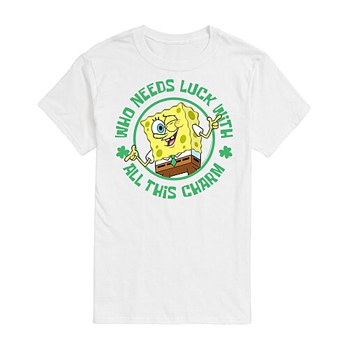 Mens Short Sleeve St. Patrick's Day Spongebob Graphic T-Shirt, Small, White