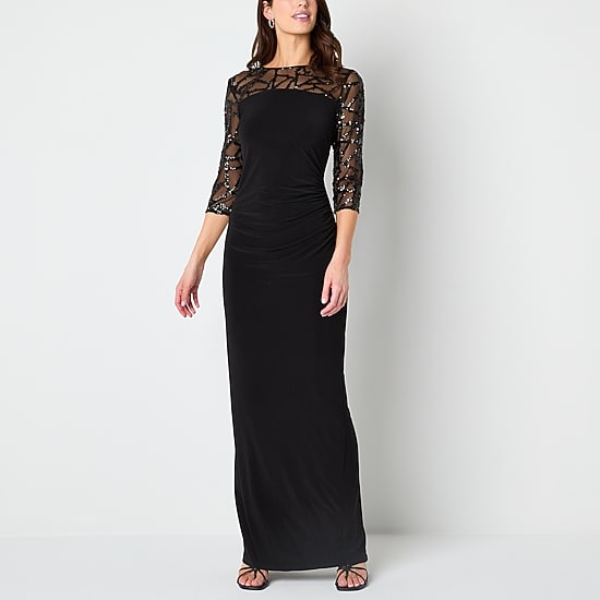 Brianna Milay Womens Round Neck 3/4 Sleeve Fitted Sequin Evening Gown