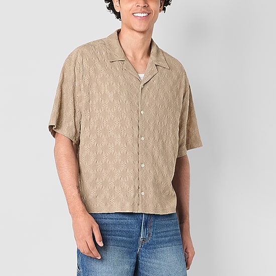 Arizona Mens Short Sleeve Cropped Textured Button-Down Shirt