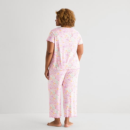 Jaclyn Womens Crew Neck Short Sleeve 2-pc. Plus Pajama Set