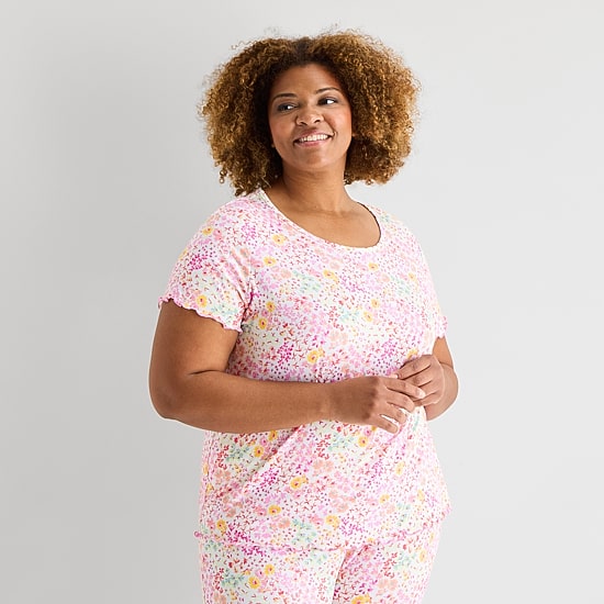 Jaclyn Womens Crew Neck Short Sleeve 2-pc. Plus Pajama Set