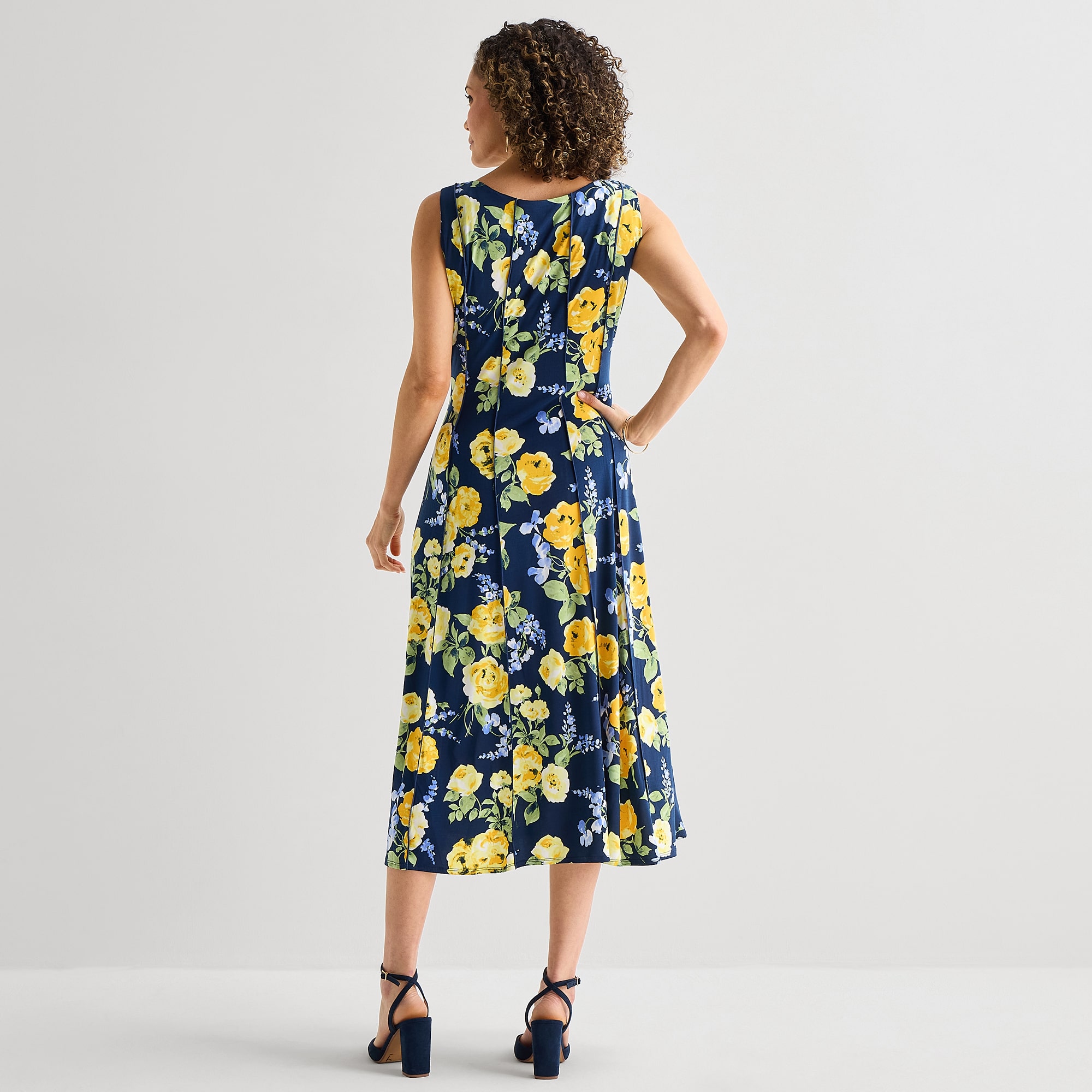 Perceptions Womens Midi Split Tie Neck Sleeveless Floral Fit + Flare Dress