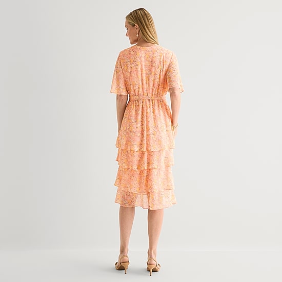 Studio 1 Womens Midi V Neck Short Sleeve Flutter Floral Fit + Flare Dress