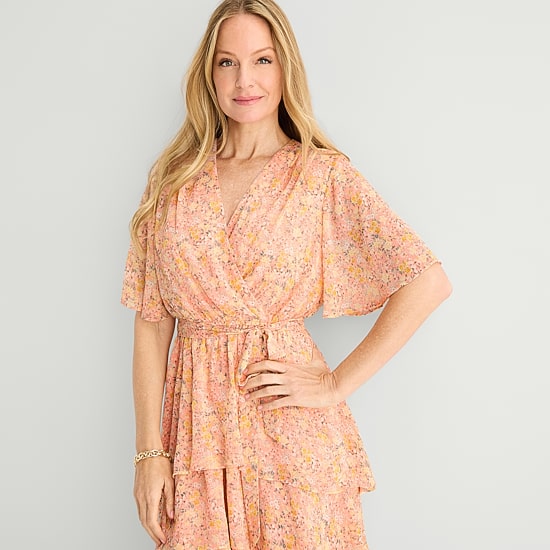 Studio 1 Womens Midi V Neck Short Sleeve Flutter Floral Fit + Flare Dress