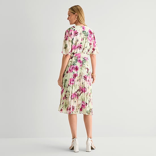 Studio 1 Womens Midi V Neck Short Sleeve Flutter Chiffon Floral Fit + Flare Dress